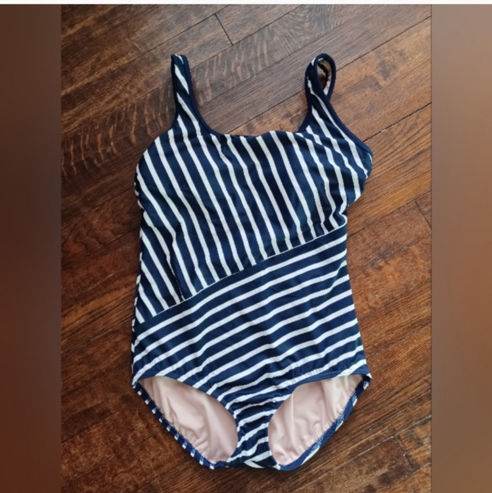 Navy Blue and White Striped Land's End One Piece Swimsuit Size 8